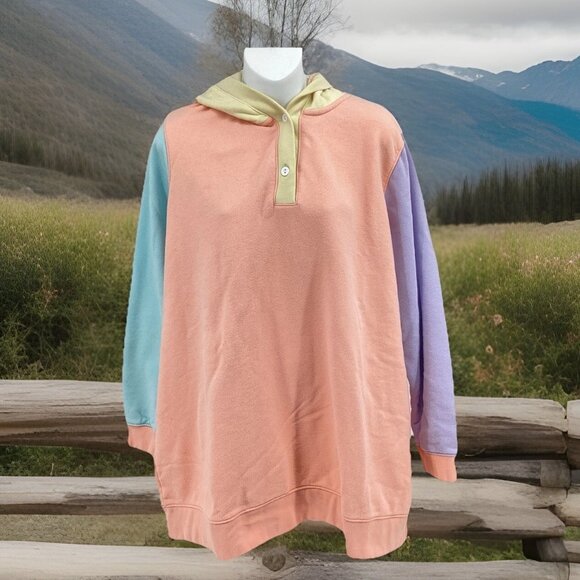 Lands' End Women's Size 2X 20S-22W Serious Sweats Colorblock Hoodie Button Neck - Picture 1 of 11